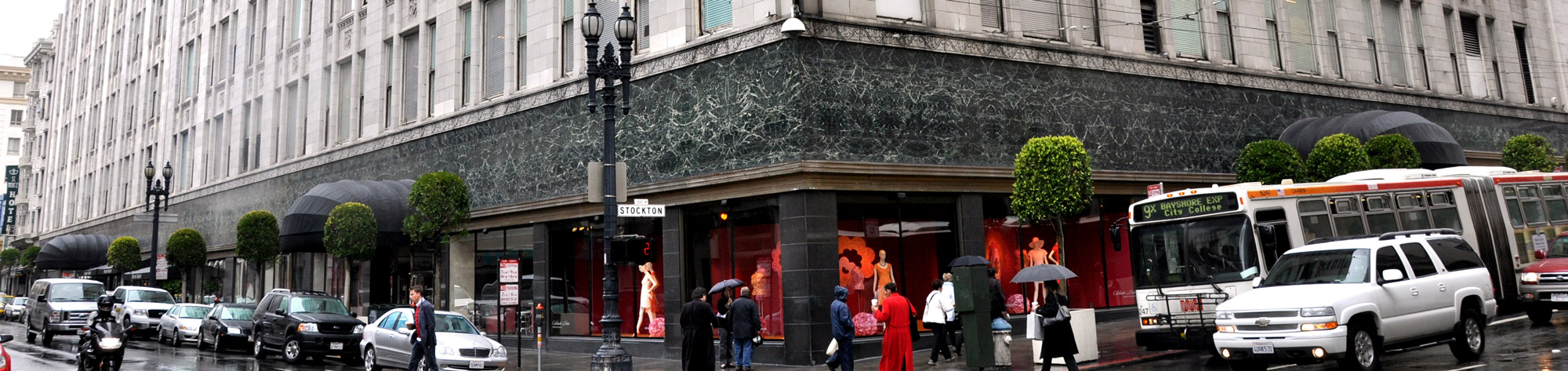 The facade of Macy's San Francisco is an entire city block of perfectly book-matched VT Verde Serpentine.