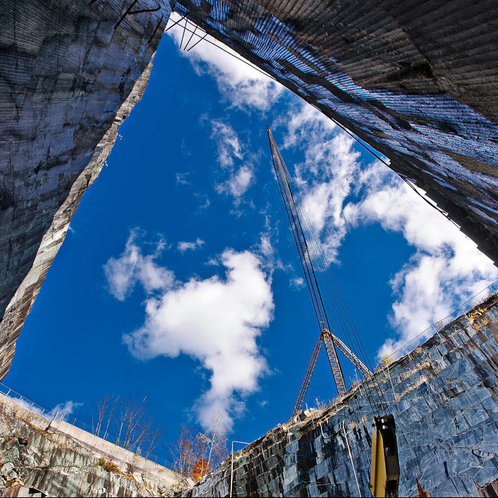 The view from below, looking up from the floor of the Vermont Verde Quarry in Rochester, VT