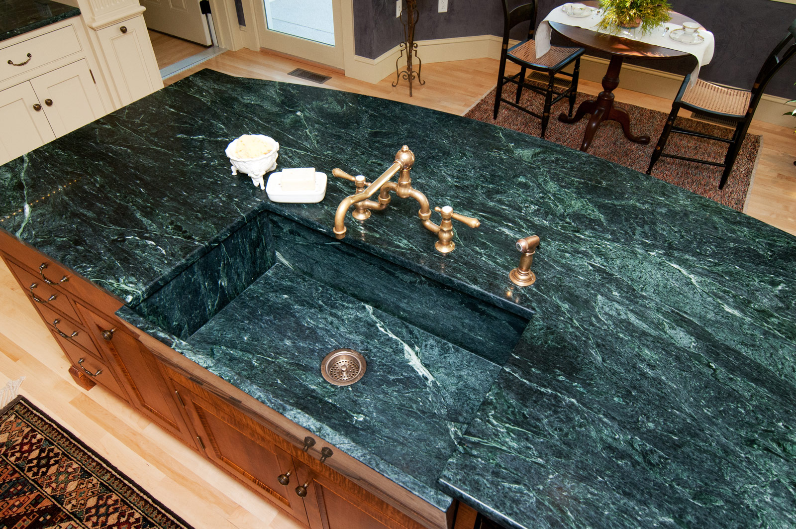 Bridges House kitchen, Governor's mansion in NH after restoration featuring Vermont Verde Serpentine island.